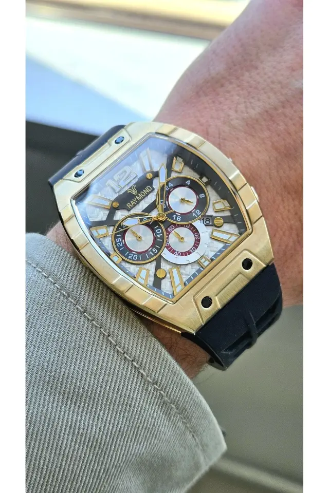 Rym-83604 Paslanmaz Çelik - Silikon Kordon - Raymond Erkek Kol Saati J GOLD-BK-W