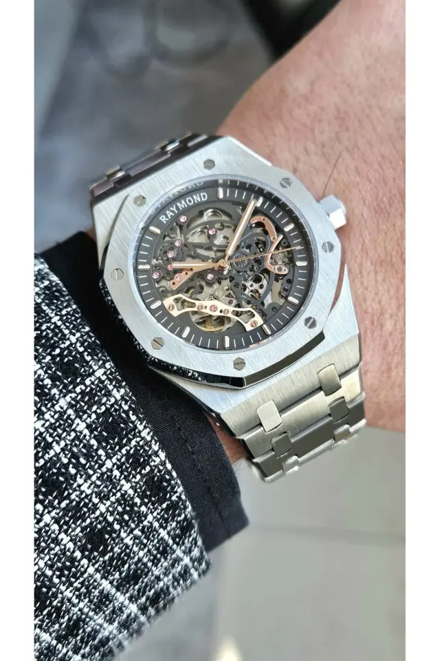 RYM-1012 RAYMOND OTOMATİK ERKEK KOL SAATİ - SAFİR CAM VE PASLANMAZ ÇELİK - 2 YIL GARANTİ